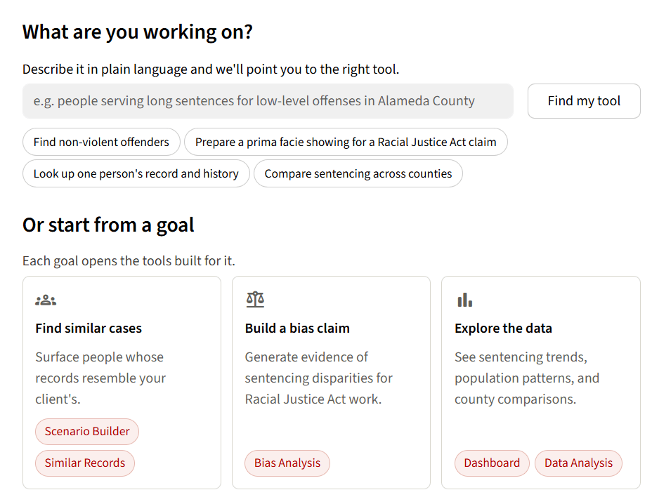 Webpage interface for criminal justice and sentencing analysis tools with text box, Find my tool button, options for offenders, bias claims, records, county comparisons, and goal cards.